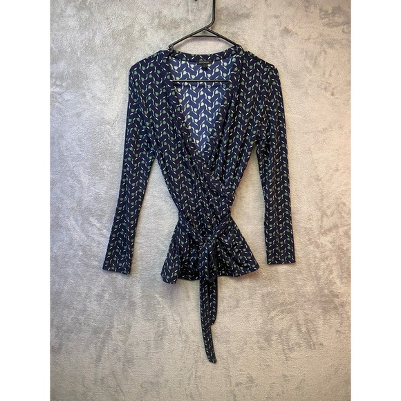 Ann Taylor Tops - Ann Taylor Navy Blue Green Floral Tulip Faux Wrap Tie Waist Top Blouse Size S
